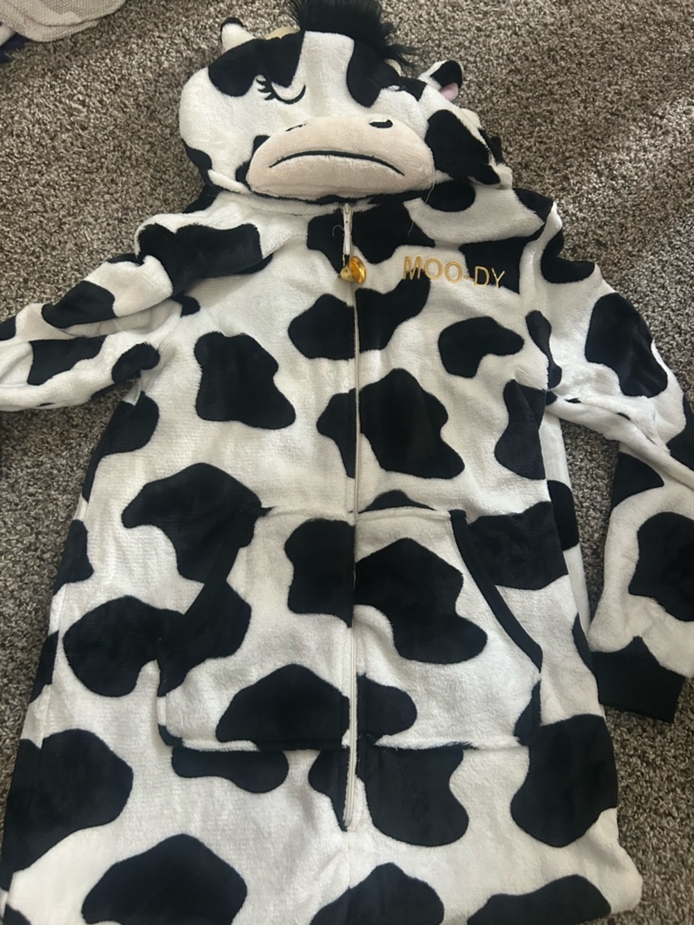 Cow Print adult Onesie with Hood - 'Moody' Embroidery